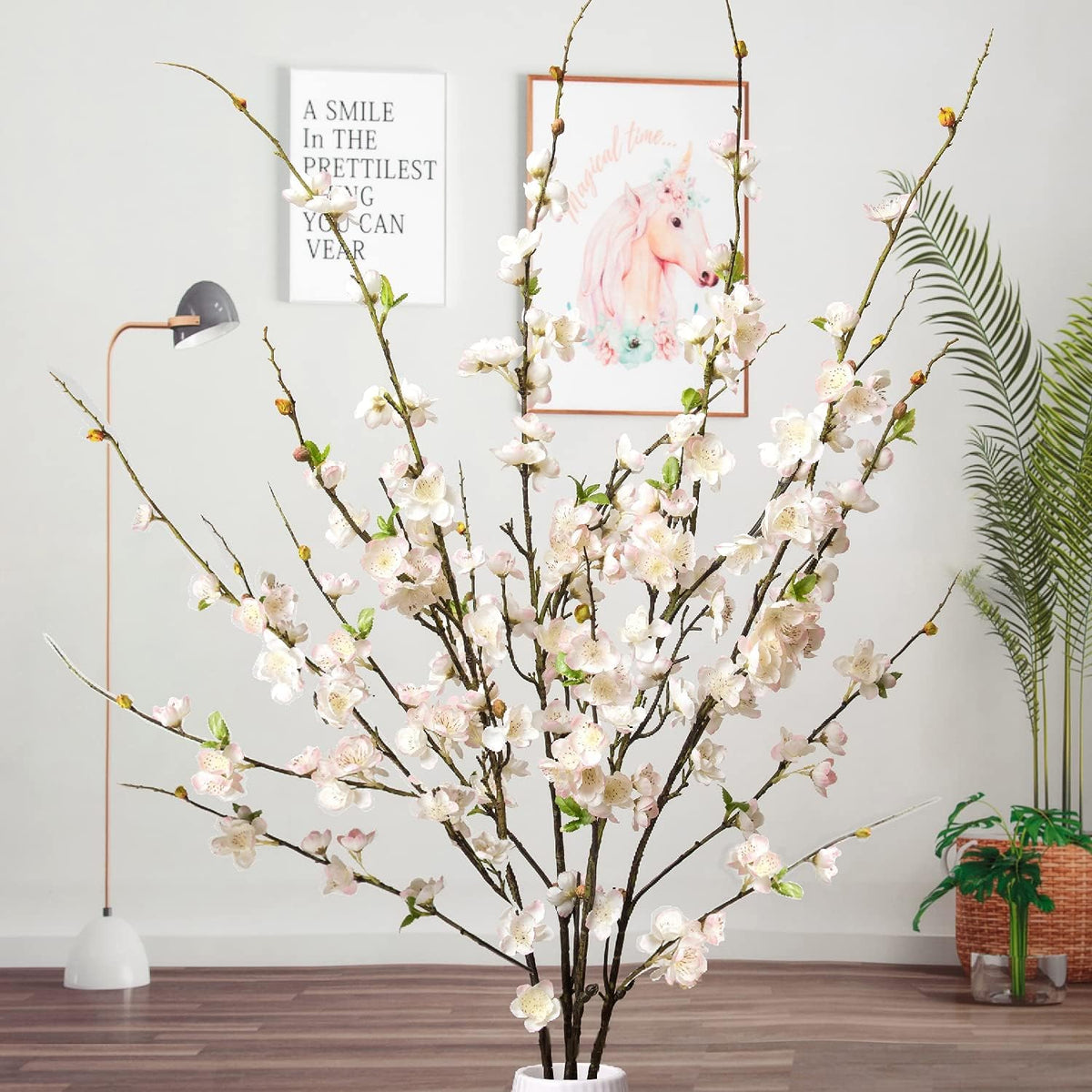 6 PCS Artificial Cherry Blossom Branches Spring Indoor Decoration, Faux Yellow Silk Flowers 34.45" Long Stems Real Touch Plum Fake Peach Plants for New Year Wedding Home Bedroom Table Office