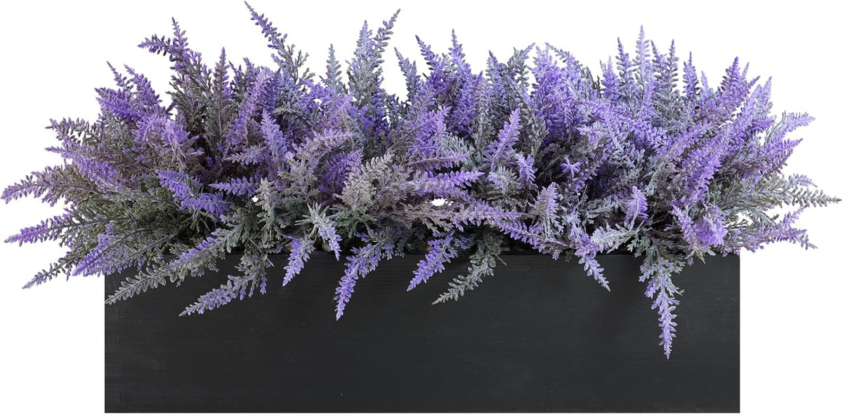 Winlyn 14" Artificial Lavender Flowers Plants in Rectangular Wooden Planter Box Faux Frosted Lavender Potted Arrangements Floral Centerpiece for Farmhouse Home Wedding Table Centerpiece Mantel Décor