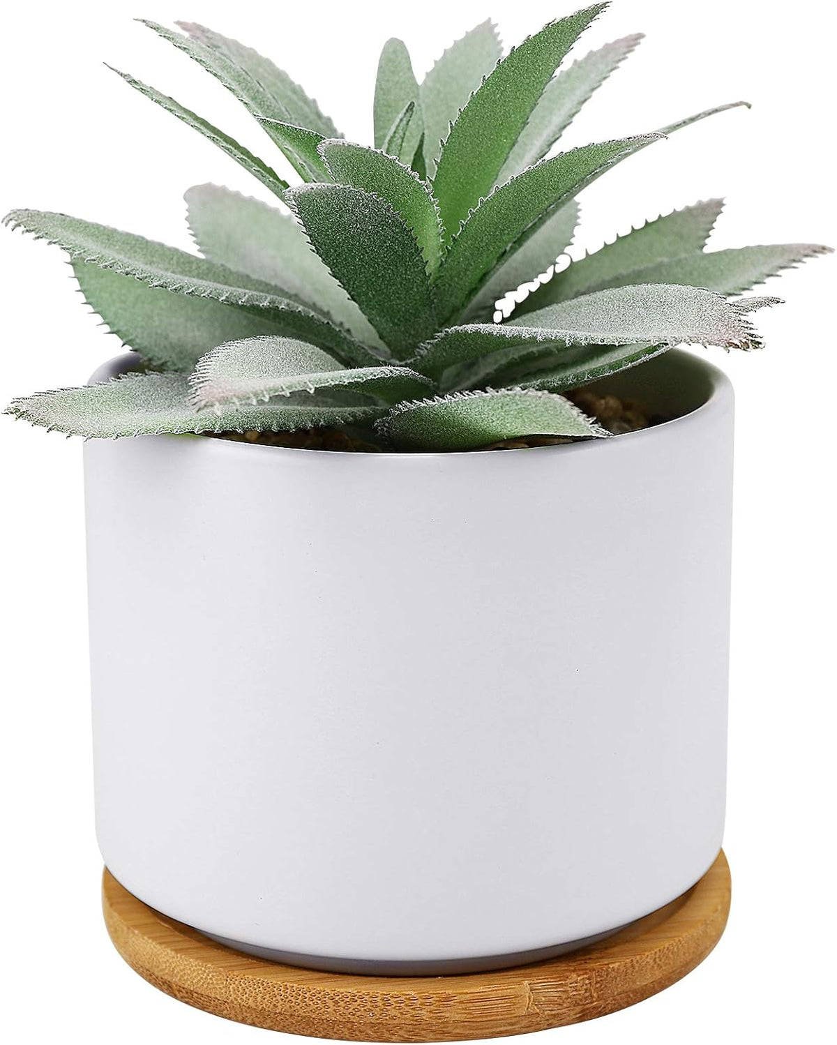 Hopewood Artificial Succulents Plant, Faux Agave Succulent Plant in Ceramic Pots with Bamboo Tray, Fake Potted Plants for Office Desk Living Room Decor(Set of 2)