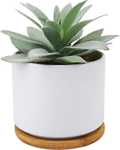 Hopewood Artificial Succulents Plant, Faux Agave Succulent Plant in Ceramic Pots with Bamboo Tray, Fake Potted Plants for Office Desk Living Room Decor(Set of 2)