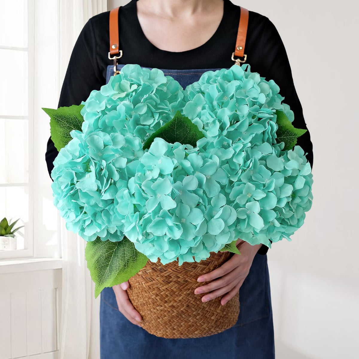 Blue Hydrangea Artificial Flowers, 5Pcs 20-Inch Large Lifelike Silk Hydrangeas for Home Decor