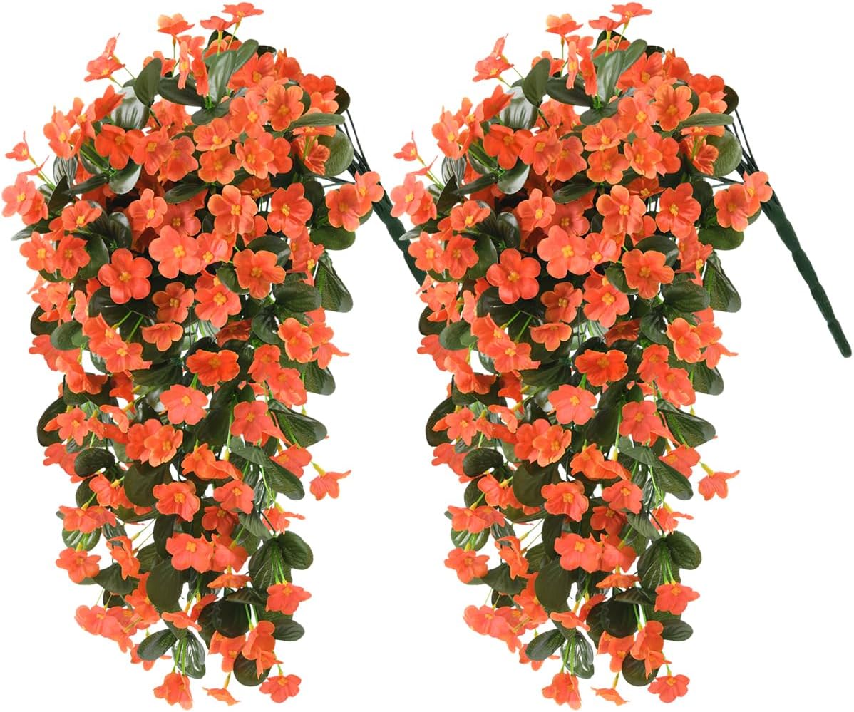 2PCS Artificial Hanging Flowers, Fake Hanging Plants Violet Vines UV Resistant for Wall Home Room Garden Wedding Indoor Outdoor Spring Summer Decoration(Purple)