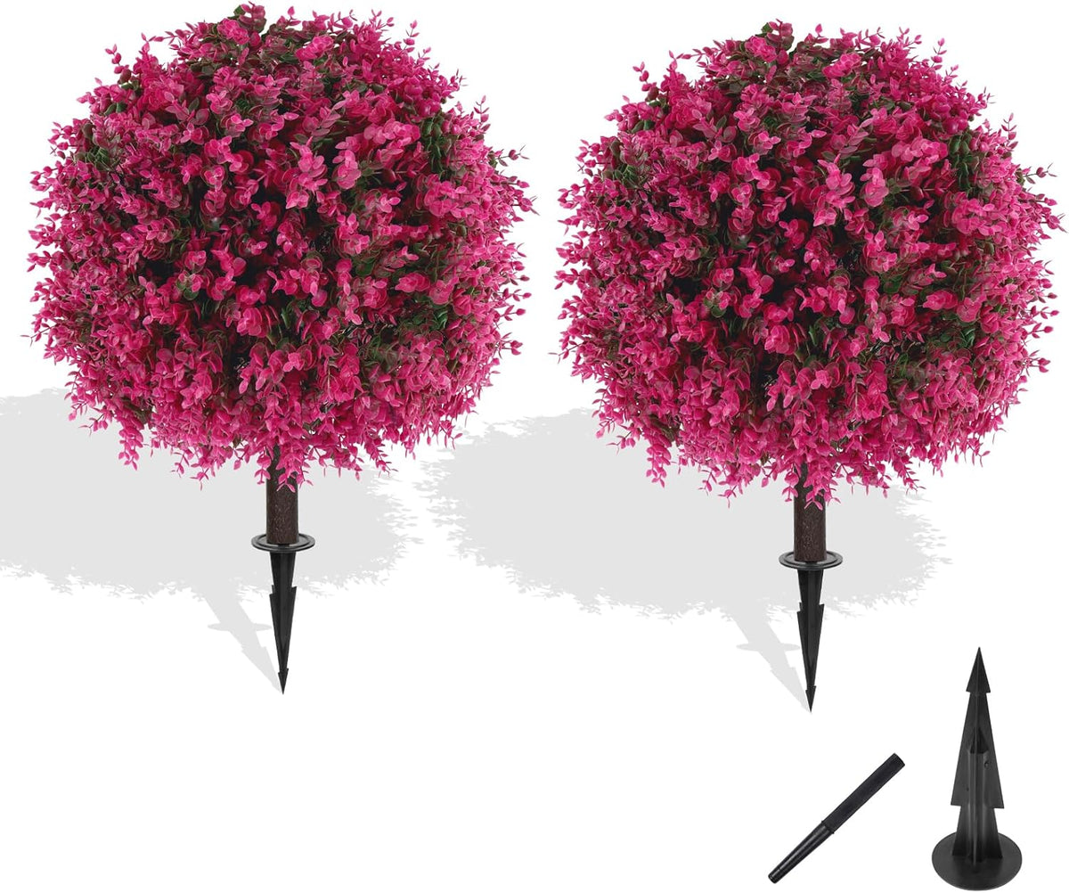 Artificial Lavender Topiary Ball for Outdoors, Set of 2 Boxwood Plant Tree with Spike, Fake Shrubs UV Resistant Faux Plants for Indoor Outdoor Decor
