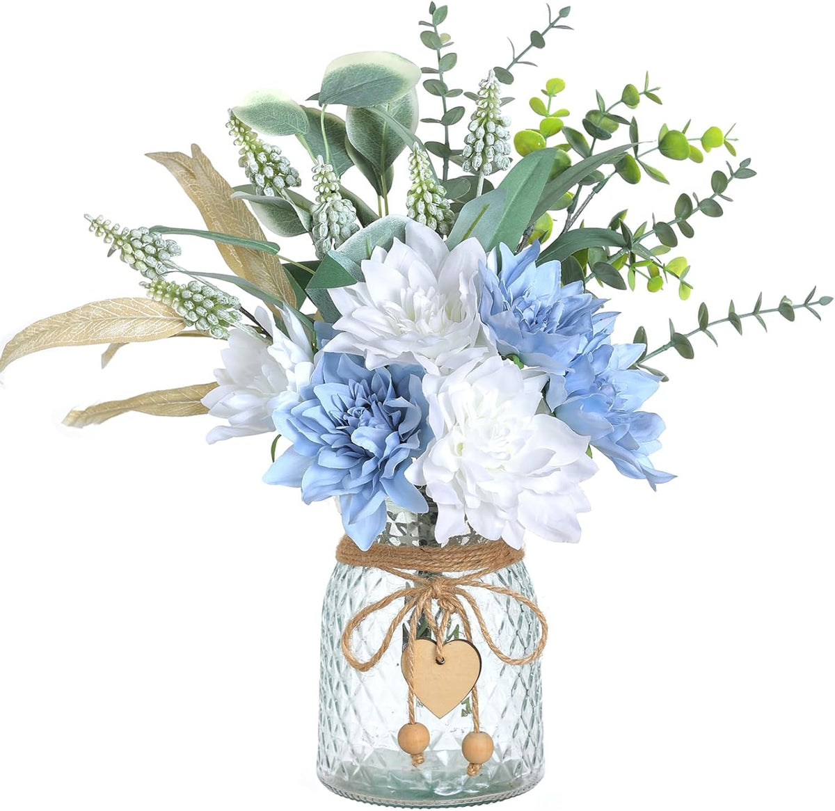 Faux Flowers with Vase, Artificial Silk Flowers in Vase, Fake Plant Eucalyptus and Willow, Flower Arrangement for Home Farmhouse kitchen Dining Table Centerpiece Decorations Coffee Table Decor (White)