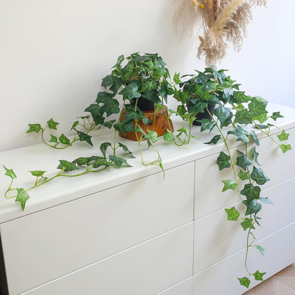 Fake Pothos Hanging Plants - 33" Set of 2 Artificial Silk Ivy Vines with Pots, Realistic Faux Greenery for Indoor Home Office Bathroom Decor, Low Maintenance Hanging Plant Decoration - Golden Green