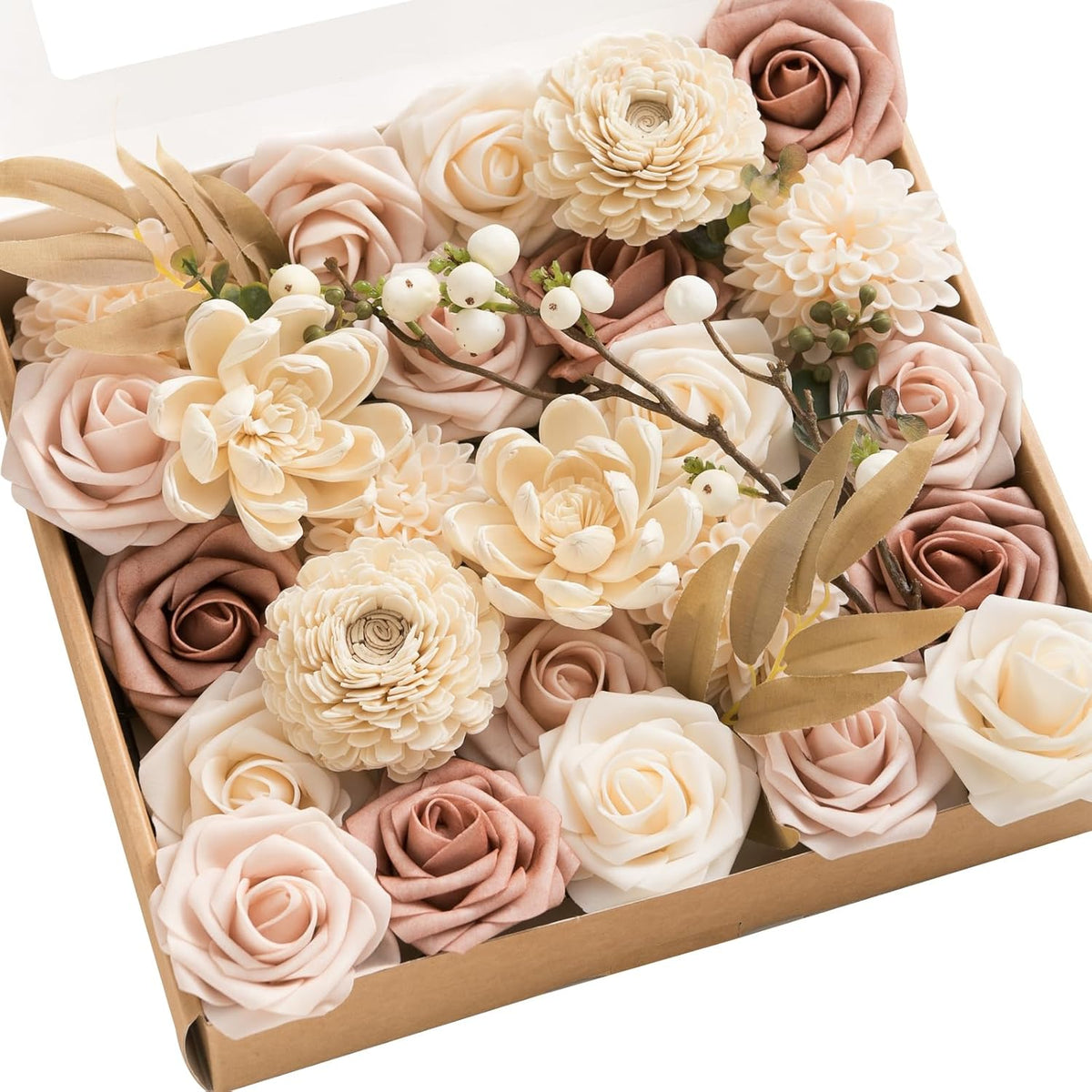 Ling's moment Fake Flowers Box, Faux Artificial Greenery Stems Foam Roses Poppy Gardenia Silk Hydrangea Peony Fabic Flower for Centerpieces Bouquet Wedding Floral Vase, English Pastel, Deluxe Combo