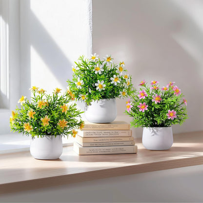 3 Pack Small Fake Plants Artificial Potted Flowers for Indoor Mini Faux Plants with Flowers Greenery for Home Decor Living Room Bathroom Bedroom Office Table Shelf (White+Yellow+Purple)