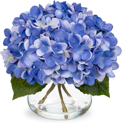 Hollyone Hydrangea Artificial Flowers with Vase White Silk Fake Flowers Arrangements in Glass Vase with Faux Water for Home Bathroom Office Table Centerpiece Shelf Decorations