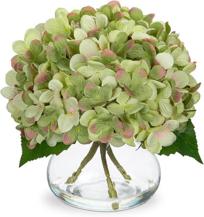 Hollyone Hydrangea Artificial Flowers with Vase White Silk Fake Flowers Arrangements in Glass Vase with Faux Water for Home Bathroom Office Table Centerpiece Shelf Decorations