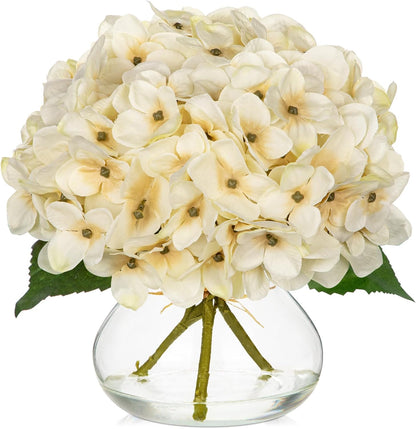 Hollyone Hydrangea Artificial Flowers with Vase White Silk Fake Flowers Arrangements in Glass Vase with Faux Water for Home Bathroom Office Table Centerpiece Shelf Decorations