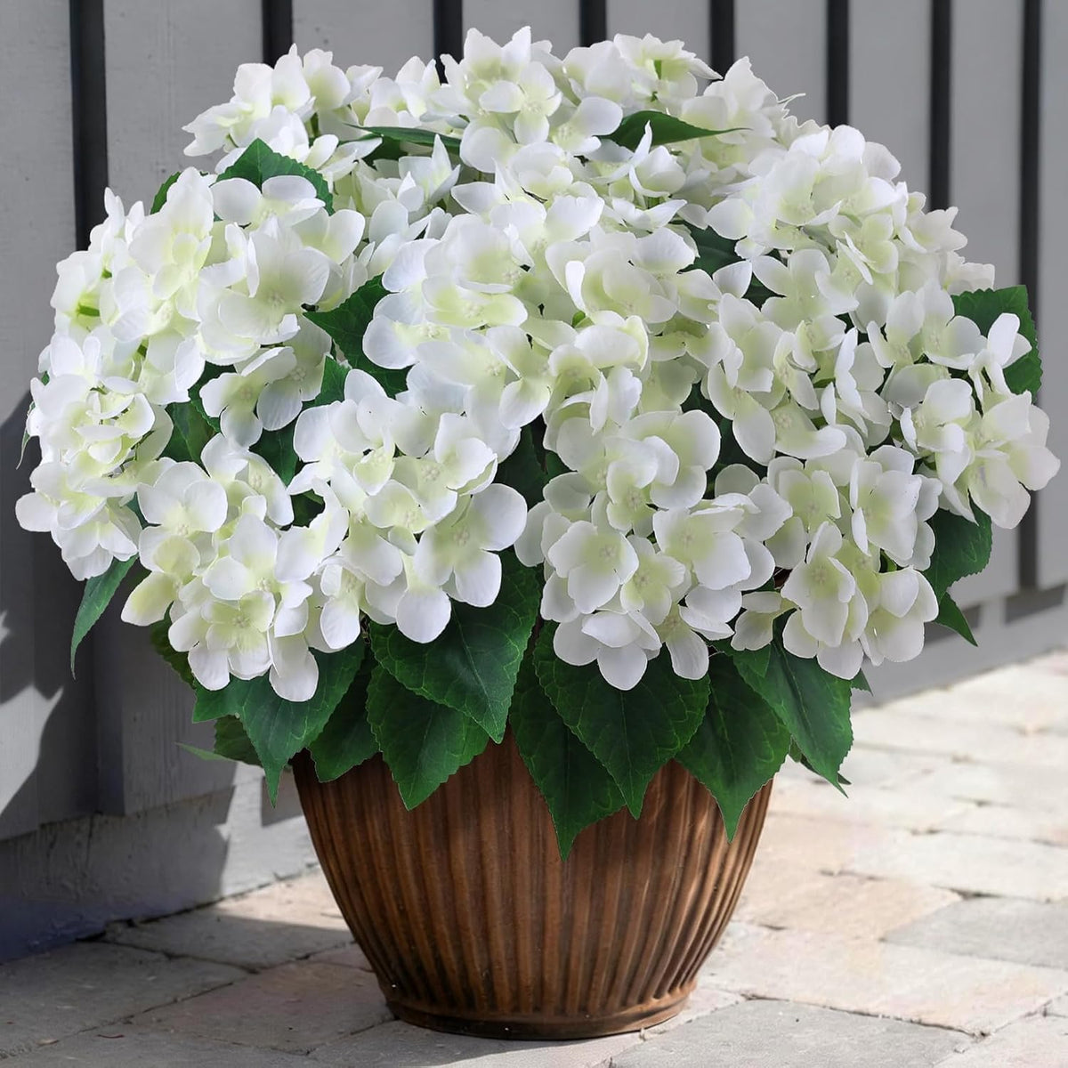 FOTEEWL 16 Bundles Artificial Hydrangea Flowers for Outdoor Decor, Realistic Faux Silk Bouquets Sun-Resistant Fake Plants for Front Door Balcony Farmhouse Garden Home Spring Summer Decor (Blue)