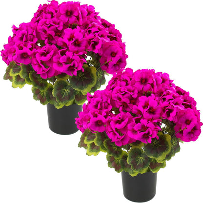 lovemoon 2 Pcs Geranium Potted Artificial Flowers, 19" Fake Geraniums Plants UV Resistant Silk Potted Plants for Outdoor Home Décor Office Porch Garden Decor (2, Red)
