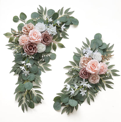 2-Pack Sage Green & White Wedding Flower Swag Set, Large: 35.43"L x 14.56"W, Small: 24.80"L x 12.99"W, Artificial Flowers for Wedding Arch, Ceremony, Table Centerpieces, Wall Hanging