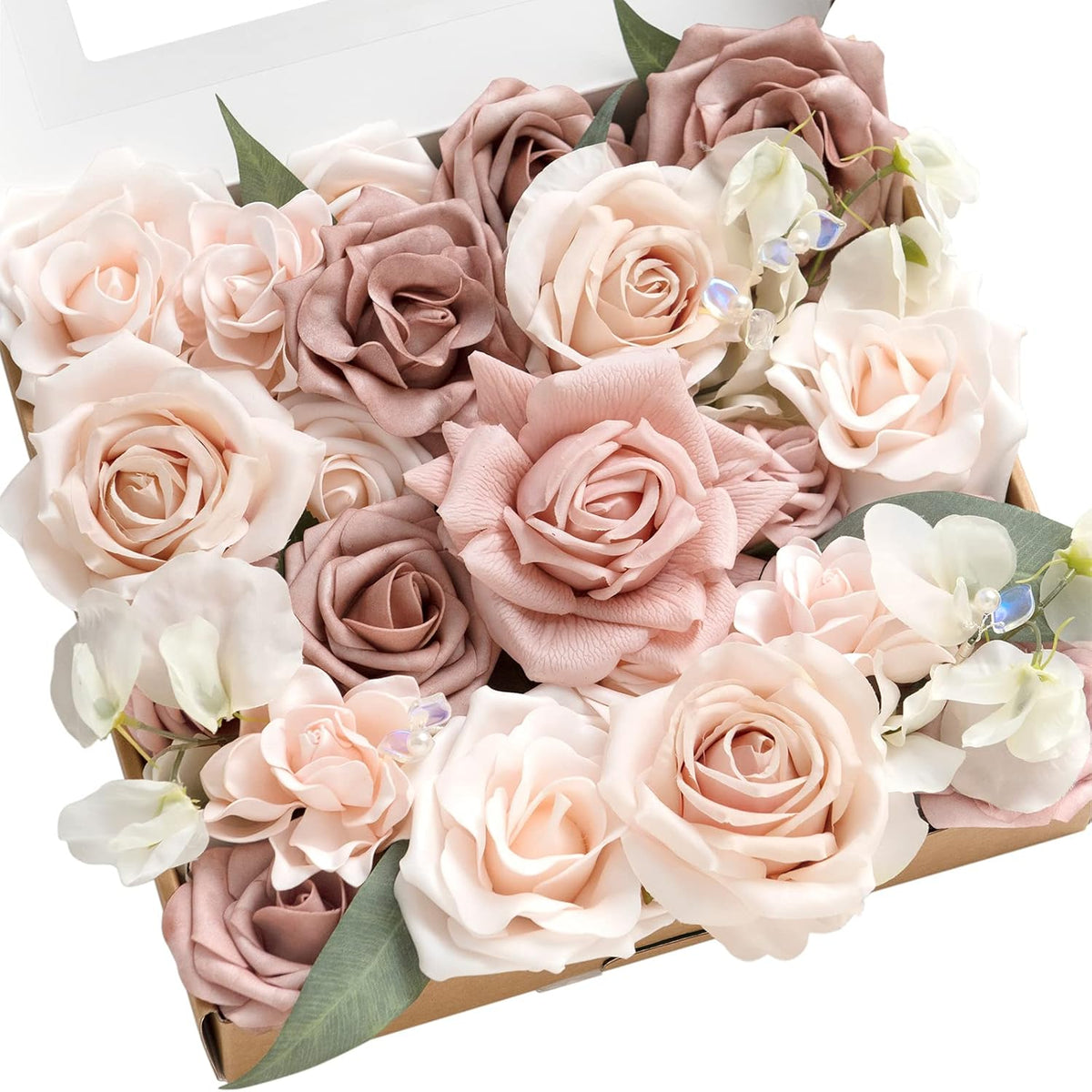 Ling's moment Fake Flowers Box, Faux Artificial Greenery Stems Foam Roses Poppy Gardenia Silk Hydrangea Peony Fabic Flower for Centerpieces Bouquet Wedding Floral Vase, English Pastel, Deluxe Combo