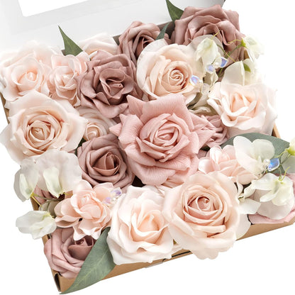 Ling's moment Fake Flowers Box, Faux Artificial Greenery Stems Foam Roses Poppy Gardenia Silk Hydrangea Peony Fabic Flower for Centerpieces Bouquet Wedding Floral Vase, English Pastel, Deluxe Combo
