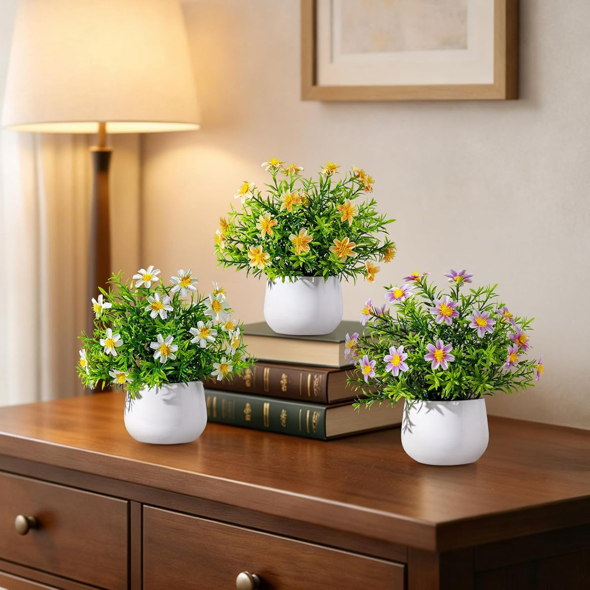 3 Pack Small Fake Plants Artificial Potted Flowers for Indoor Mini Faux Plants with Flowers Greenery for Home Decor Living Room Bathroom Bedroom Office Table Shelf (White+Yellow+Purple)