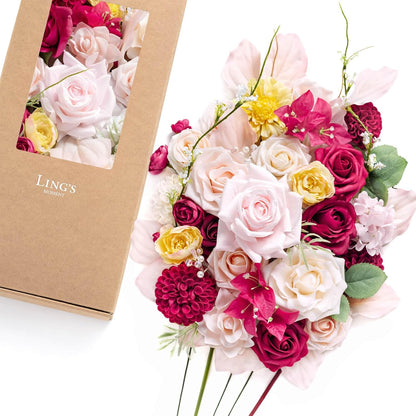 Ling's moment Fake Flowers Box, Faux Artificial Greenery Stems Foam Roses Silk Peony Ranunculus Fabic Flower for Centerpieces Bouquet Wedding Vase Floral Decorations, Garden Blush, Deluxe Combo