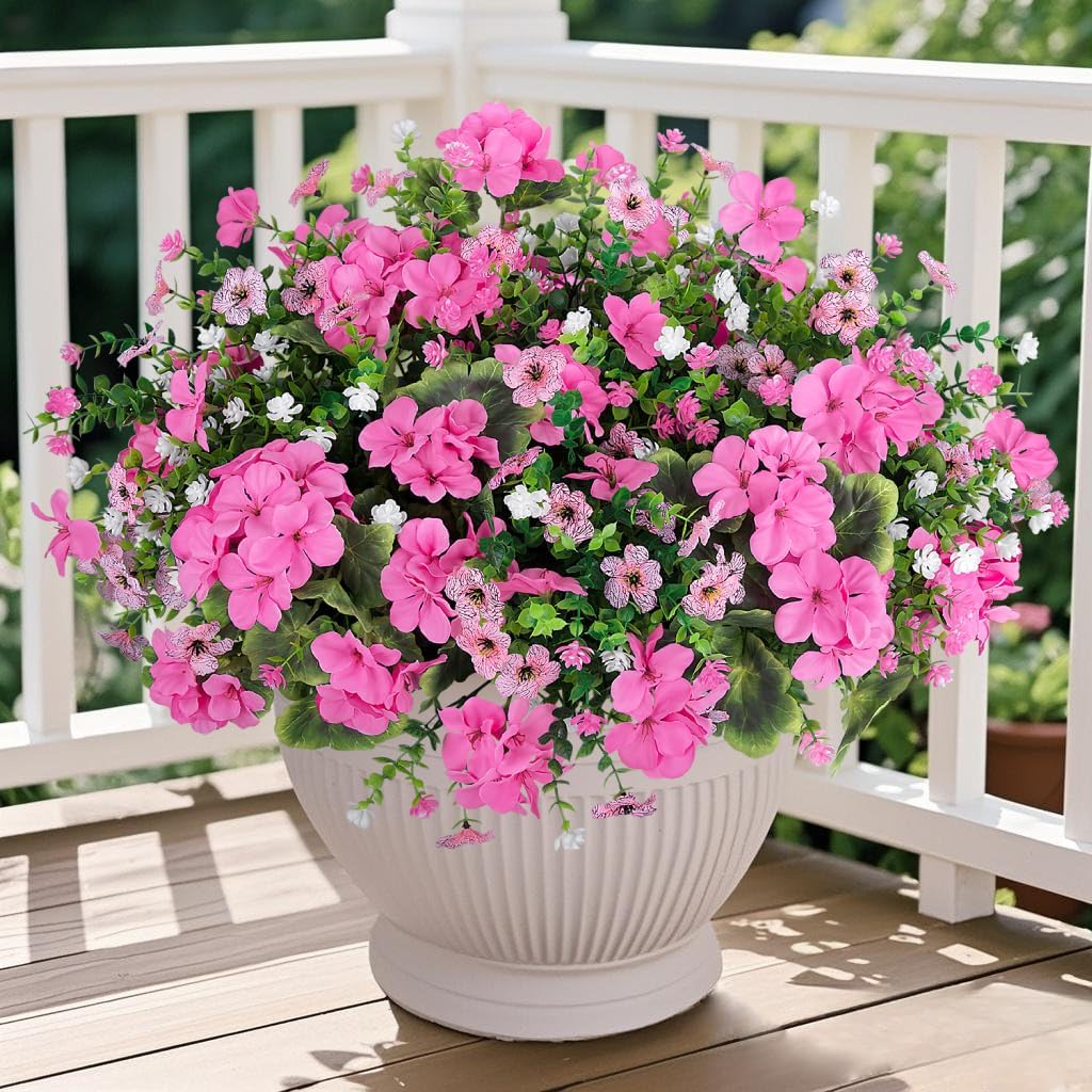 Ouddy Decor 18" Artificial Geranium Flowers for Outdoors, 10 Bundles Mixed Fake Silk Flowers Plastic Plants UV Resistant for Summer Garden Porch Patio Planter Kitchen Table Home Decor, Red