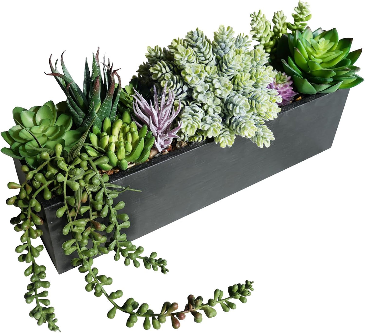Winlyn 14" Artificial Lavender Flowers Plants in Rectangular Wooden Planter Box Faux Frosted Lavender Potted Arrangements Floral Centerpiece for Farmhouse Home Wedding Table Centerpiece Mantel Décor