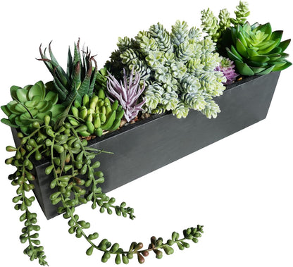 Winlyn 14" Artificial Lavender Flowers Plants in Rectangular Wooden Planter Box Faux Frosted Lavender Potted Arrangements Floral Centerpiece for Farmhouse Home Wedding Table Centerpiece Mantel Décor