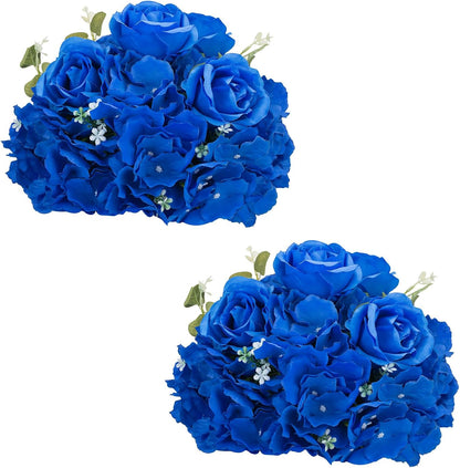 NUPTIO Artificial Flower Centrepieces for Tables - 2 Pcs Large Fake Flowers Roses Balls 15.7 inch Diam - Royal Blue Silk Faux Rose Arrangement Bouquet for Wedding Party Centerpiece Table Decorations