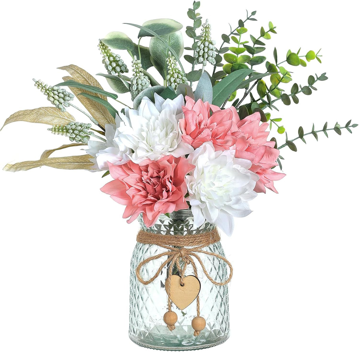 Faux Flowers with Vase, Artificial Silk Flowers in Vase, Fake Plant Eucalyptus and Willow, Flower Arrangement for Home Farmhouse kitchen Dining Table Centerpiece Decorations Coffee Table Decor (White)