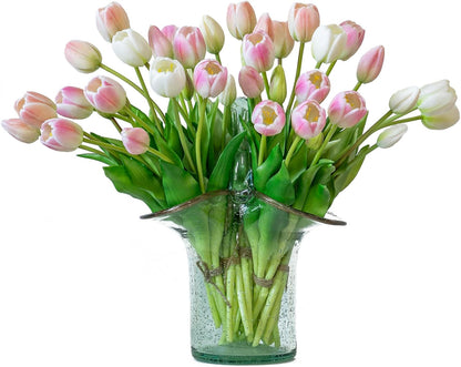 15 Pcs Artificial Tulips Flowers, Latex Bouquet, Fake Tulips for Office Wedding Party Home Kitchen Garden Decoration (White, 15 Pcs)