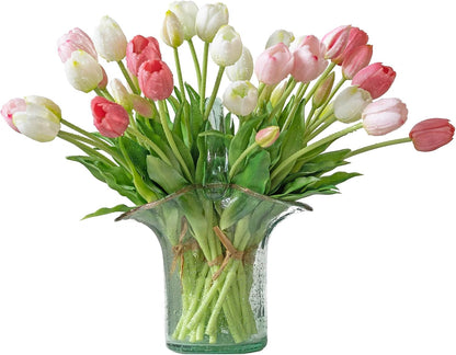 15 Pcs Artificial Tulips Flowers, Latex Bouquet, Fake Tulips for Office Wedding Party Home Kitchen Garden Decoration (White, 15 Pcs)