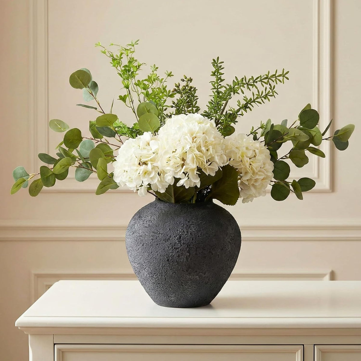 Real Touch White Faux Hydrangea And Eucalyptus Arrangement, Faux Floral Arrangements, Hyper Realistic Artificial Flowers, White Centerpieces For Kitchen Dining Coffee Table Decor, 5 Heads + Greenery