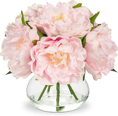 Hollyone Hydrangea Artificial Flowers with Vase White Silk Fake Flowers Arrangements in Glass Vase with Faux Water for Home Bathroom Office Table Centerpiece Shelf Decorations