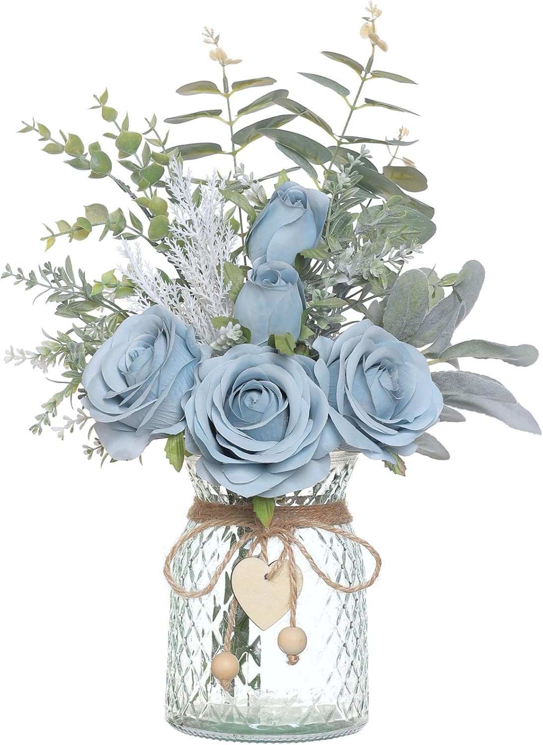Faux Flowers with Vase, Artificial Silk Roses in Vase, Fake Plant Eucalyptus Flower Arrangement for Home Office Farmhouse Bathroom Dining Table Centerpiece Decorations Coffee Table Decor (White)