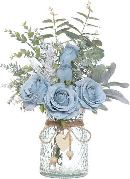 Faux Flowers with Vase, Artificial Silk Roses in Vase, Fake Plant Eucalyptus Flower Arrangement for Home Office Farmhouse Bathroom Dining Table Centerpiece Decorations Coffee Table Decor (White)