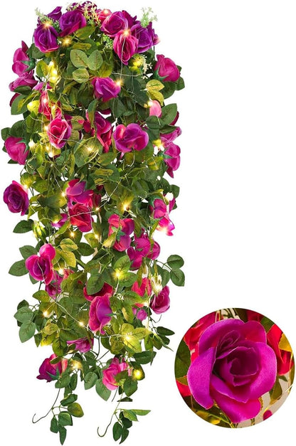 RECUTMS Artificial Hanging Rose Flower Plants Outdoor with 30 LED Fairy String Lights Fake Flowers for House Garden Patio Front Porch Indoor Decor (Purple)