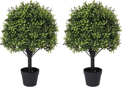 27“ Realistic Artificial Boxwood Topiary Trees Set of 2, Faux Boxwood Plants Outdoor UV-Resistant, No Maintenance Curb Appeal Fake Evergreen Bushes & Shrubs for Front Porch Outside Planter Decor