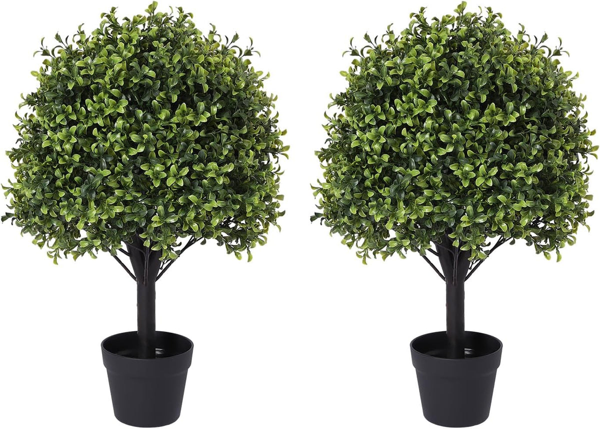 27“ Realistic Artificial Boxwood Topiary Trees Set of 2, Faux Boxwood Plants Outdoor UV-Resistant, No Maintenance Curb Appeal Fake Evergreen Bushes & Shrubs for Front Porch Outside Planter Decor