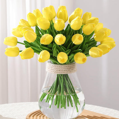 24 Pcs Artificial Tulips PU Faux Flowers, Red Real Touch Fake Tulips for Valentine's Day Spring Easter Home Kitchen Wedding Decorations and New Year Decor