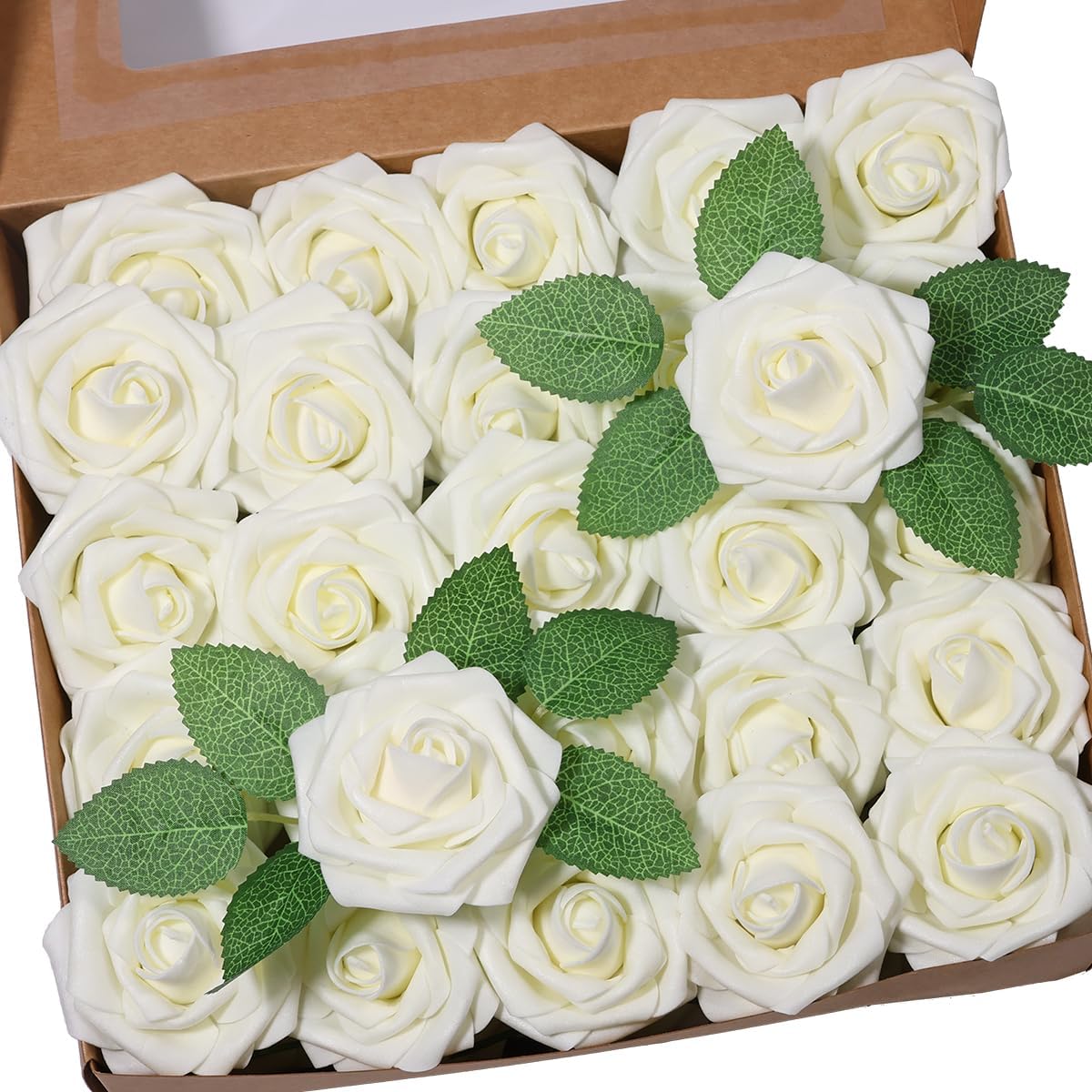 50 Pcs Artificial Flower，Real Touch Foam Roses w/Stem DIY for Wedding Bouquet Centerpieces Party Shower Home Decor-Green boxpack