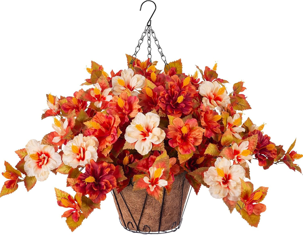 INXUGAO Artificial Flowers for Outdoors Indoors, 3 Bunches Fake Hibiscus with Hanging Basket Realistic UV Resistant Silk Flower Leaves, Faux Plant for Outside Home Patio Garden Poch (Purple, Fuchsia)