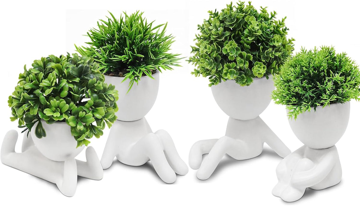 MAKHOT 4PCS Cute Artificial Mini Succulent Plants with Creative Human Shaped Pots, Small Fake Plants for Shelf Desk Tabletop Office Home Decoration(Black)