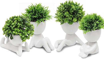 MAKHOT 4PCS Cute Artificial Mini Succulent Plants with Creative Human Shaped Pots, Small Fake Plants for Shelf Desk Tabletop Office Home Decoration(Black)