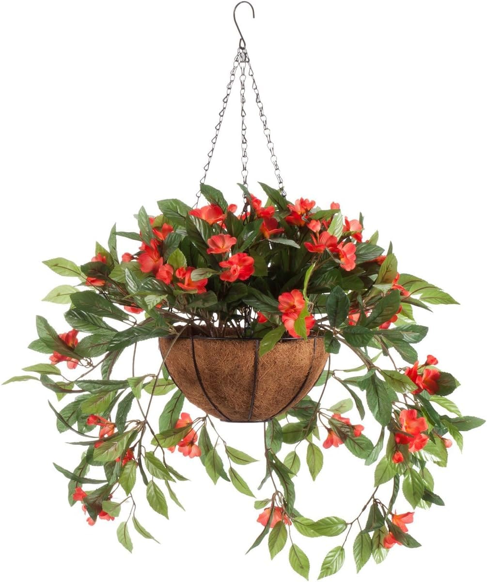 Lush Artificial Impatiens Hanging Basket Outdoor Decor Accent