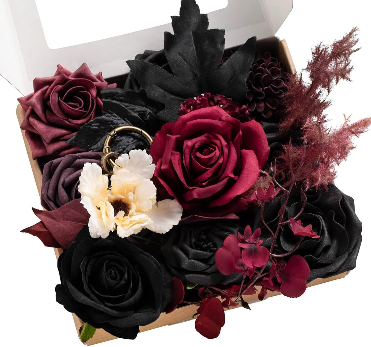Ling's moment Fake Flowers Box, Faux Artificial Greenery Stems Foam Roses Dahlia Silk Peonies Eucalyptus Fabic Flower for Centerpieces Bouquet Wedding Vase, Dusty Rose & Burgundy, Deluxe Combo