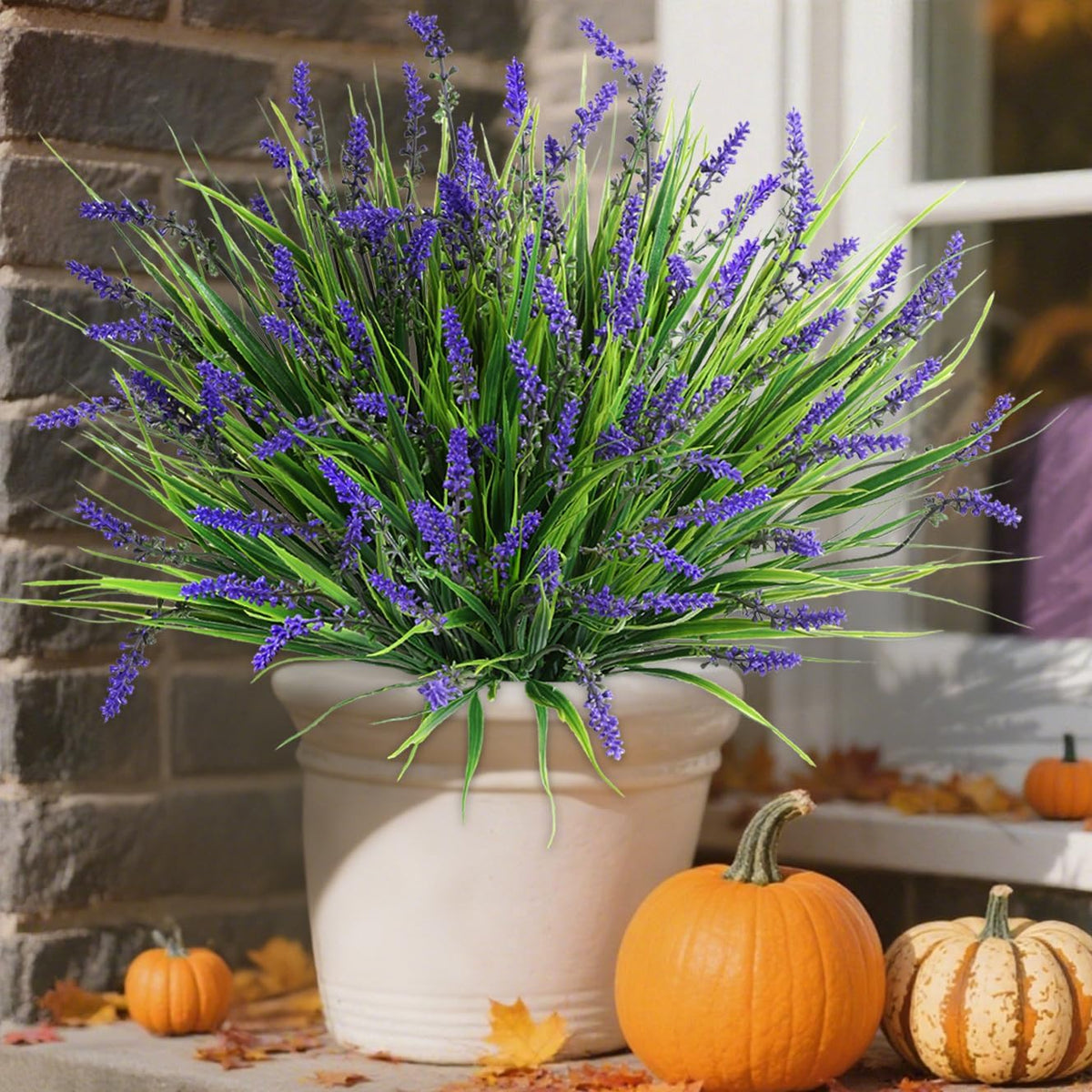Artificial Fake Outdoor Plants Flowers for Spring Decoration, UV Resistant Realistic White Plastic Flowers Faux Plant Monkey Grass for Planter Home Garden Porch Patio Window Box