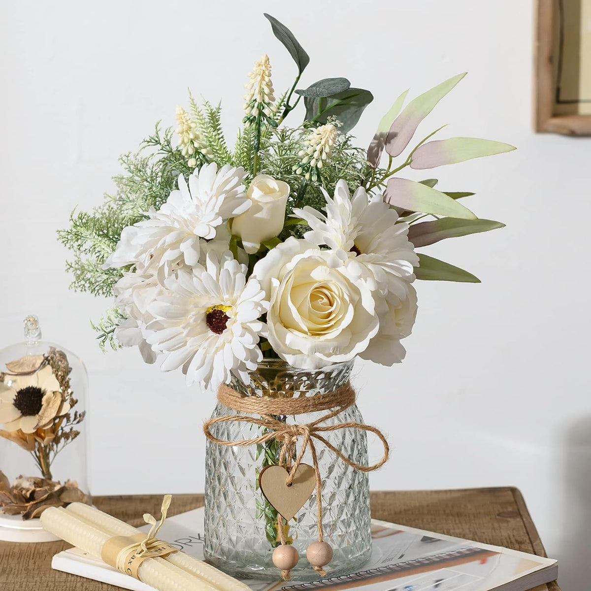Artificial White Flowers with Vase, Fake Flowers Arrangement for Home Decor, Faux Flowers for Farmhouse Coffee Table Decor, House Kitchen Centerpiece Table Decorations
