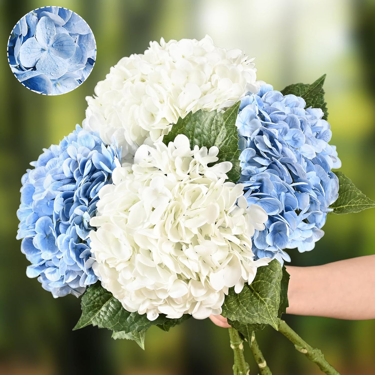 Waipfaru 21" Real Touch Blue Hydrangea Artificial Flowers with Long Stem & Leaves, Full Latex Faux Hydrangea Flowers for Home Decor Party Floral Arrangements Wedding Bouquets Centerpieces, 4Pcs