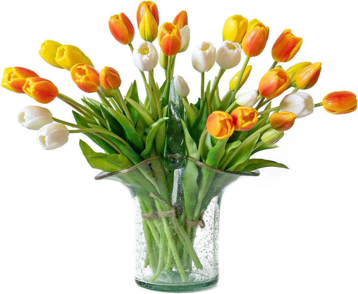 15 Pcs Artificial Tulips Flowers, Latex Bouquet, Fake Tulips for Office Wedding Party Home Kitchen Garden Decoration (White, 15 Pcs)