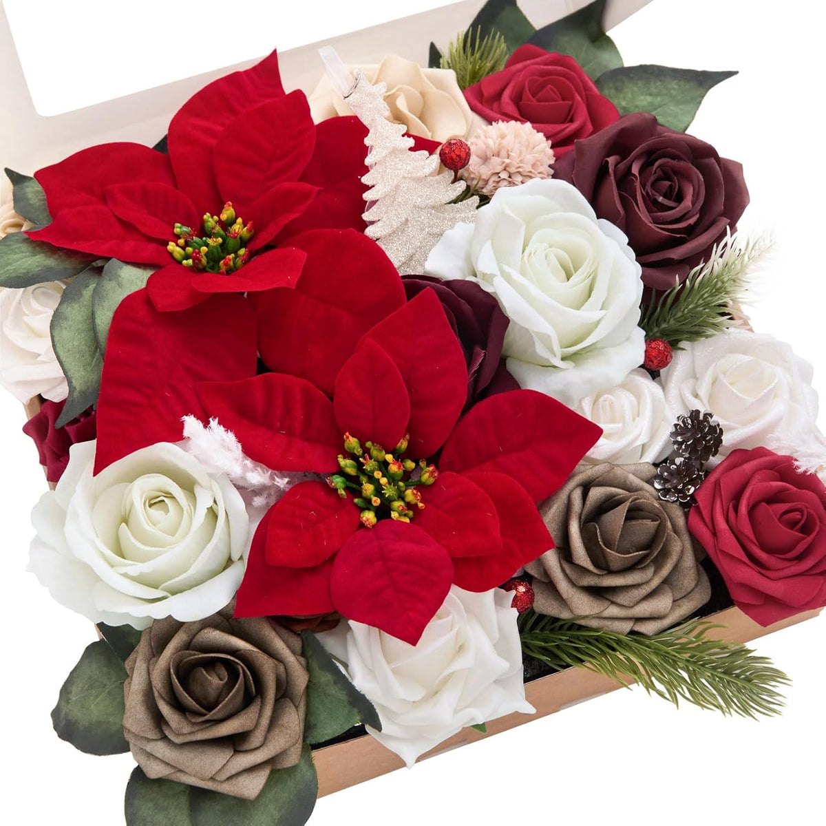 Ling's moment Fake Flowers Box, Faux Artificial Greenery Stems Foam Roses Dahlia Silk Peonies Eucalyptus Fabic Flower for Centerpieces Bouquet Wedding Vase, Dusty Rose & Burgundy, Deluxe Combo