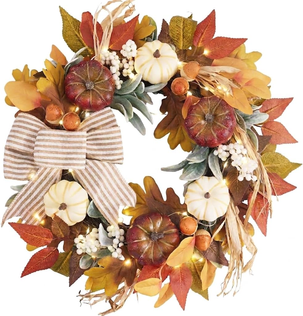 20'' Fall Wreath for Front Door with 20 LED Lights, Pumpkins and Burlap Bow