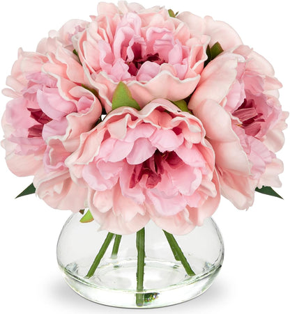 Hollyone Hydrangea Artificial Flowers with Vase White Silk Fake Flowers Arrangements in Glass Vase with Faux Water for Home Bathroom Office Table Centerpiece Shelf Decorations