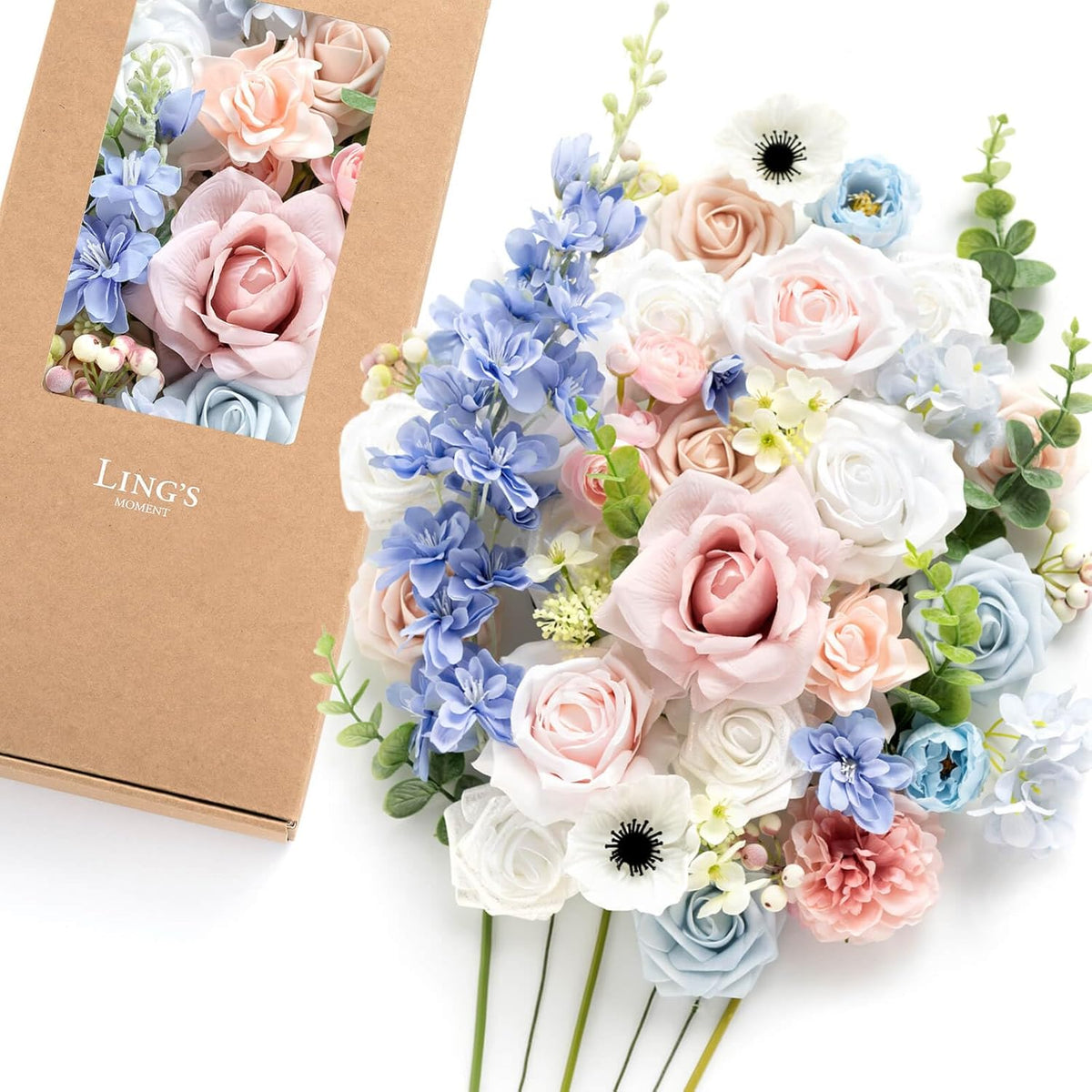 Ling's moment Fake Flowers Box, Faux Artificial Greenery Stems Foam Roses Silk Peony Ranunculus Fabic Flower for Centerpieces Bouquet Wedding Vase Floral Decorations, Garden Blush, Deluxe Combo
